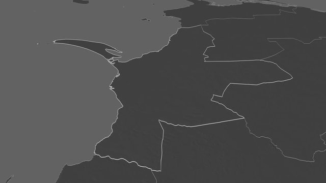 Mannar, district with its capital, zoomed and extruded on the bilevel map of Sri Lanka in the conformal Stereographic projection. Animation 3D