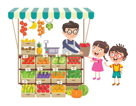 Green Grocer Shop With Various Fruits And Vegetables
