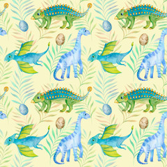 Obraz premium Watercolor Seamless Pattern with Tropical Leaves and Cute Dinosaurs. Colorful Hand Drawn Childish Dino Illustration For Gift Wrapping, Textile, Background of Web Pages, Printing Products
