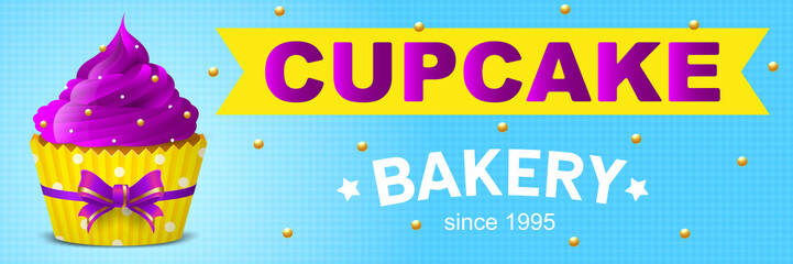 Blue cupcake bakery banner. Cake, cupcake with cream. Suitable for posters, advertisements, announcements, labels, menus for cafes and restaurants. Vector illustration