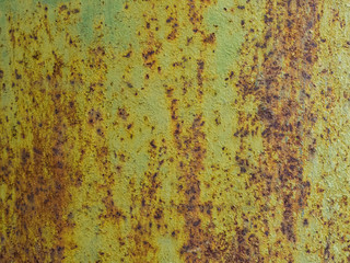 Green, brown, yellow rusty metal. Rusted green-brown abstract texture. Background. Pattern.