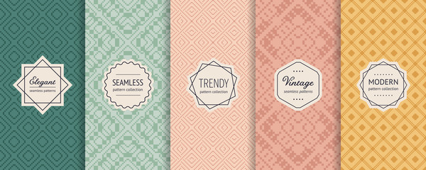 Vector set of vintage seamless patterns in traditional ethnic style. Retro geometric ornament in trendy pastel colors. Elegant minimal stickers. Nordic winter Christmas textures. Abstract backgrounds © Olgastocker
