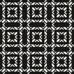 Vector seamless pattern with square net, grid, lattice, mesh, grill. Ornamental grid texture. Elegant black and white background in Asian style. Simple monochrome geo ornament. Dark repeat design