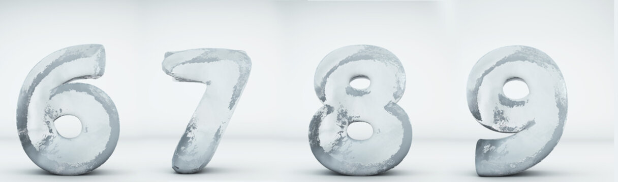Alphabet ice. Numbers 6, 7, 8, 9. Realistic ice 3d render.