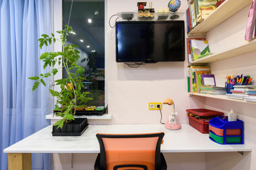 A desk in the children's room, on the wall a TV and shelves for school books