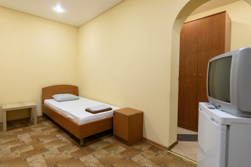 The interior of a small budget hotel room
