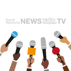 Journalist, Journalism. Hands with microphones. Concept for News, Media, TV, interview, information, broadcasting, mass and communication. Vector illustration.