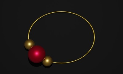 Black background with 3D rendering of shiny, glossy gold ring and red and gold balls with copy space space with room for text and images. Great for backdrops, banners, promotions and advertisements.