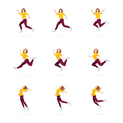 Fototapeta na wymiar Jumping girl. Jumping female characters vector illustrations set. Part of set.
