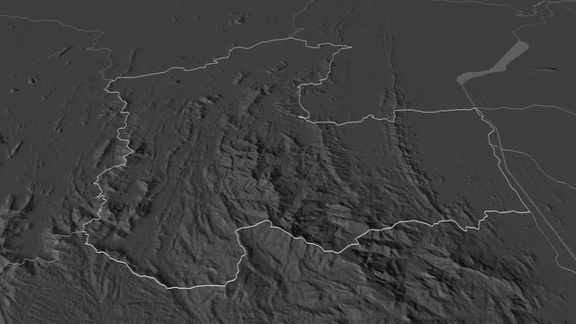 Matale, district with its capital, zoomed and extruded on the bilevel map of Sri Lanka in the conformal Stereographic projection. Animation 3D