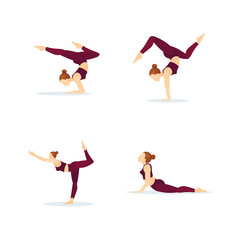 Female in different yoga poses.  Yoga girl character in yoga positions. Young woman practicing yoga. Vector illustration. Part of set.