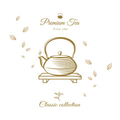 Premium Tea design cover. Kettle on stand with leaves. Tea vector engraving illustration.