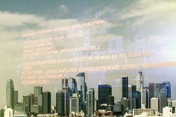 Multi exposure of abstract graphic coding sketch on Los Angeles cityscape background, big data and networking concept