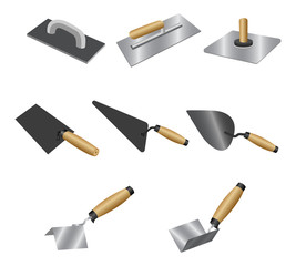 Set putty knife with wood handles. Isometric set of putty knife vector icons for construction and repair isolated