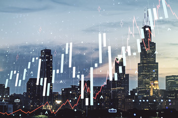 Multi exposure of virtual creative financial chart hologram on Chicago skyscrapers background, research and analytics concept