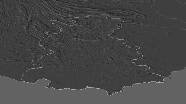 Matara, district with its capital, zoomed and extruded on the bilevel map of Sri Lanka in the conformal Stereographic projection. Animation 3D