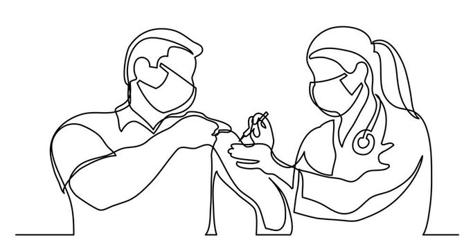 Animation of continuous line drawing of woman doctor in protective mask doing vaccination shot to patient in mask