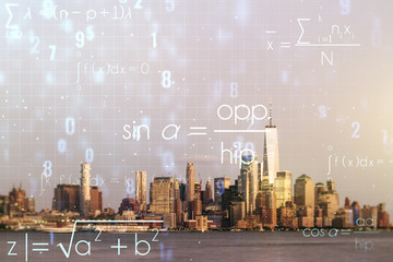 Fototapeta na wymiar Scientific formula illustration on New York cityscape background, science and research concept. Multiexposure