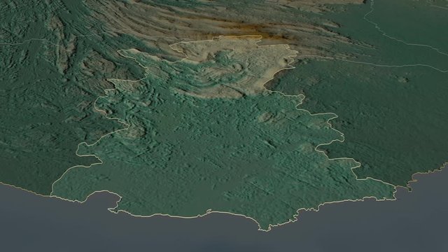Matara, district with its capital, zoomed and extruded on the relief map of Sri Lanka in the conformal Stereographic projection. Animation 3D
