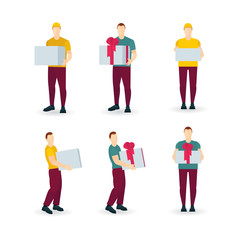 Delivery concept. Delivery boy characters set in different poses with various packages. Couriers with large white and gift boxes. Part of set.