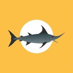 Illustration of Swordfish Closed Their Eyes While Opening Their Mouth Cartoon, Cute Funny Character, Flat Design