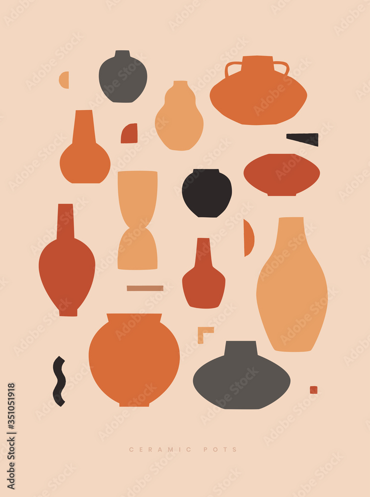 Poster large set of different shapes of decorative vases and pots vector illustration. minimalist shapes in