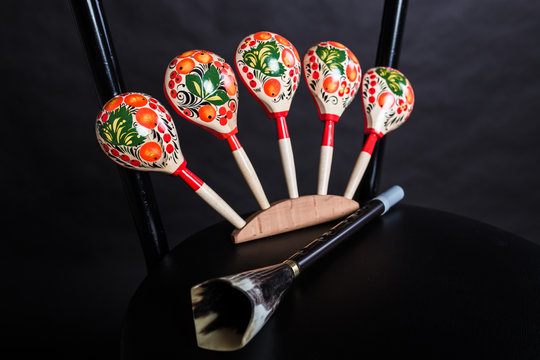 Russian Folk Musical Instruments. Spoons And Pipes 