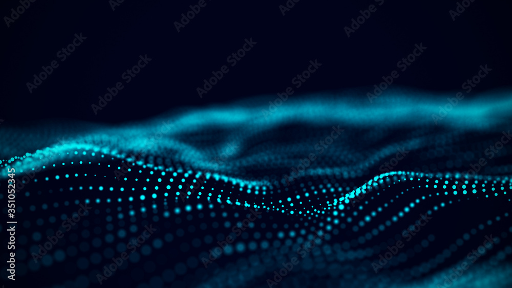 Poster Dynamic particles wave. Blue dots on black background. Digital landscape. 3d rendering. Big data visualization 3D. Futuristic backdrop for design, wallpaper.