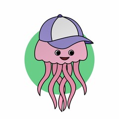 Illustration of Pink Jellyfish Wear Purple Hat Cartoon, Cute Funny Character, Flat Design