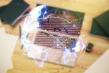 Double exposure of abstract digital world map with connections on computer background, big data and blockchain concept