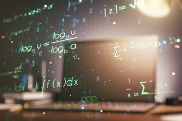 Double exposure of creative scientific formula concept on laptop background, research and development concept