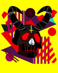 Devil with horns and inverted cross, red and yellow abstract background
