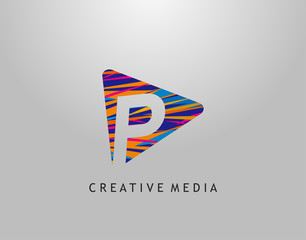 Obraz premium P Letter Logo. Colorful Pop Art Strip on PLay Icon Perfect for Cinema, Movie, Music,Video Streaming Concept.