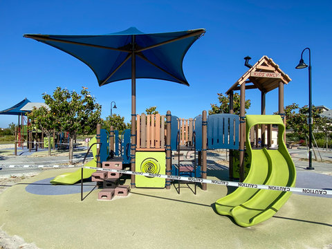 Closed Community Park With Playground For Kids Due To Covid 19. Coronavirus Virus Panic And Quarantine In San Diego, California, USA.