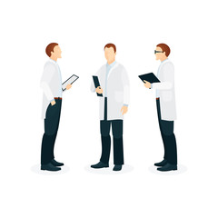 Doctor consultation. Medical doctors discussion. Male doctors in white clinic uniform. Part of set.