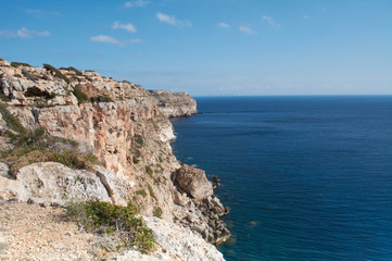 Fototapeta na wymiar Far de Cap Blanc at Mallorca, Spain cliffs view, lighthouse, cabrera island