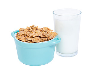 Bowl of cereals corn with a glass of milk isolated on white background. Healthy breakfast. 