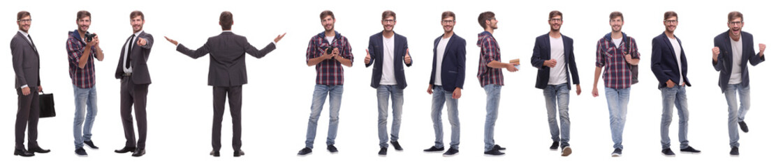 panoramic collage of self-motivated young man .isolated on white