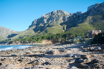 coastal, sea and mountain views looking towards, Colonia de Sant Pere and Cap Farrutx. viewpoint from Sa Canova playa virgin, Mallorca, Balearic Islands, Spain.