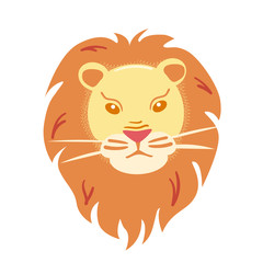 Lion flat head on white background. Mane big cat mask Isolated vector icon. Halloween carnival paper face. Animals character print. Zoo clip art for masque. Simple style illustration