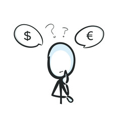 Currency exchange decision. Financial investment analysis. Hand drawn. Stickman cartoon. Doodle sketch, Vector graphic illustration
