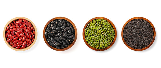 Collection of Mix beans(red beans,black beans.mung beans and sesame) isolated on white background.