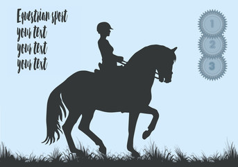 girl riding a horse, dressage, premium rosettes, equestrian sport, isolated dark silhouette on a blue background, place for your text, banner, postcard