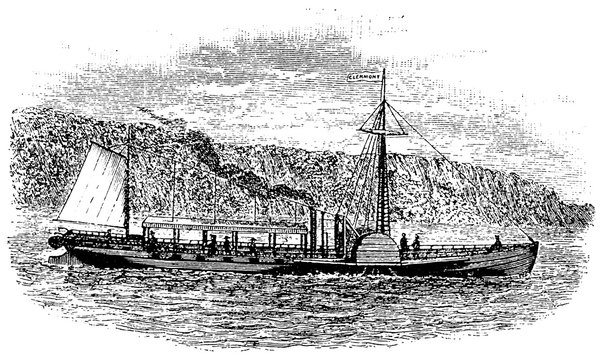 The North River Steamboat Or North River, Colloquially Known As The Clermont, During The Transition From New York To Albany On October 7, 1807. Illustration Of The 19th Century. White Background.