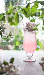 Refreshing cold cranberry lemonade in a transparent up and apple flowers in a vase are on the table