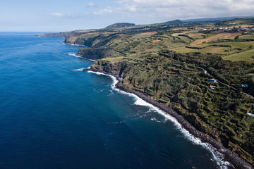 Bird's eye view of the Atlantic coast of San Miguel island, Azores, Portugal.