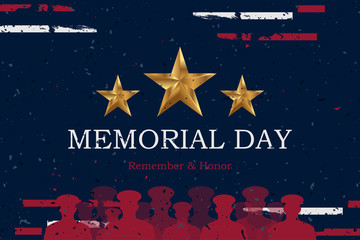 Happy Memorial Day. Greeting card with USA flag and silhouette soldiers on background. National American holiday event. Flat vector illustration EPS10