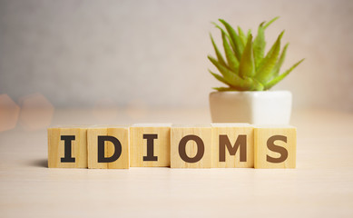 idioms - word from wooden blocks with letters, mode of expression concept, white background - obrazy, fototapety, plakaty