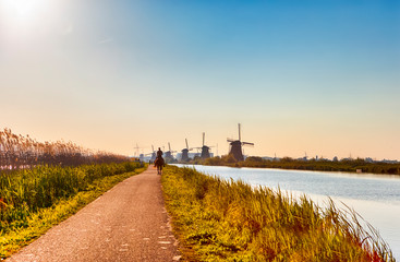 People Horseriding In Front of Traditional Dutch Windmills in Kinderdijk Village in the Netherlands Before The Sunset.