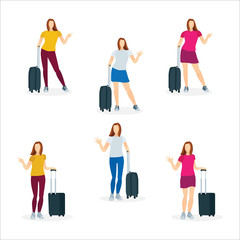 Girl with travel bag. Pretty female with luggage. Woman with suitcase. Part of set.